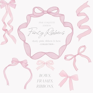 Nastri rosa e fiocchi Clipart - Nastri Coquette - Fiocchi rosa - Clipart Coquette - Fiocchi line art - Cornici a nastro - Licenza di vendita illimitata