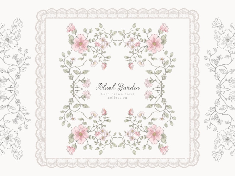 Hand Drawn Vintage Line Art and Lace Doily Blush Floral Clipart Set ...