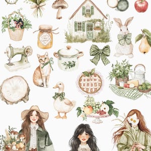May include: Watercolor illustrations of cottagecore themed items, including a house, a duck, a rabbit, a pie, a cat, a sewing machine, a jar of honey, a clock, a bowl of fruit, a girl with a basket of mushrooms, a girl with a bouquet of flowers, a girl with a bow in her hair, a pot, a wooden slice, a bow, a basket of berries, a pan, a pear, an apple, and a mushroom.