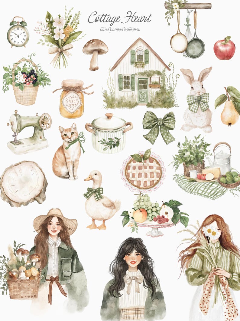 May include: Watercolor illustrations of cottagecore themed items, including a house, a duck, a rabbit, a pie, a cat, a sewing machine, a jar of honey, a clock, a bowl of fruit, a girl with a basket of mushrooms, a girl with a bouquet of flowers, a girl with a bow in her hair, a pot, a wooden slice, a bow, a basket of berries, a pan, a pear, an apple, and a mushroom.