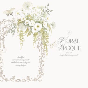 Pu&ograve; includere: Un'illustrazione digitale che presenta una cornice rettangolare con un intricato disegno a linee, adornata con un bouquet di fiori bianchi e fogliame verde. Sono presenti due farfalle e il testo recita Floral Epoque, line art bouquets & arrangements, e beautiful premade arrangements included to use as they are in any designs.