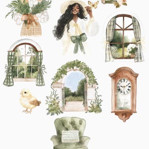 May include: A set of watercolor illustrations featuring cottagecore elements, including a woman with a bouquet of flowers, a woman with a butterfly, a window with curtains, a clock, a bird, an archway, and an armchair. The illustrations are in a soft, pastel color palette and have a whimsical, romantic feel.