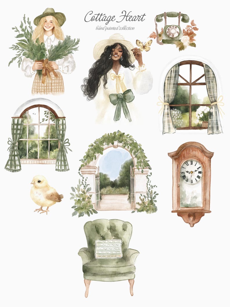 May include: A set of watercolor illustrations featuring cottagecore elements, including a woman with a bouquet of flowers, a woman with a butterfly, a window with curtains, a clock, a bird, an archway, and an armchair. The illustrations are in a soft, pastel color palette and have a whimsical, romantic feel.