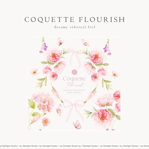 May include: Watercolor illustrations of pink flowers, butterflies, and bows. The text "Coquette Flourish" and "watercolor hand painted floral collection" is included in the image.