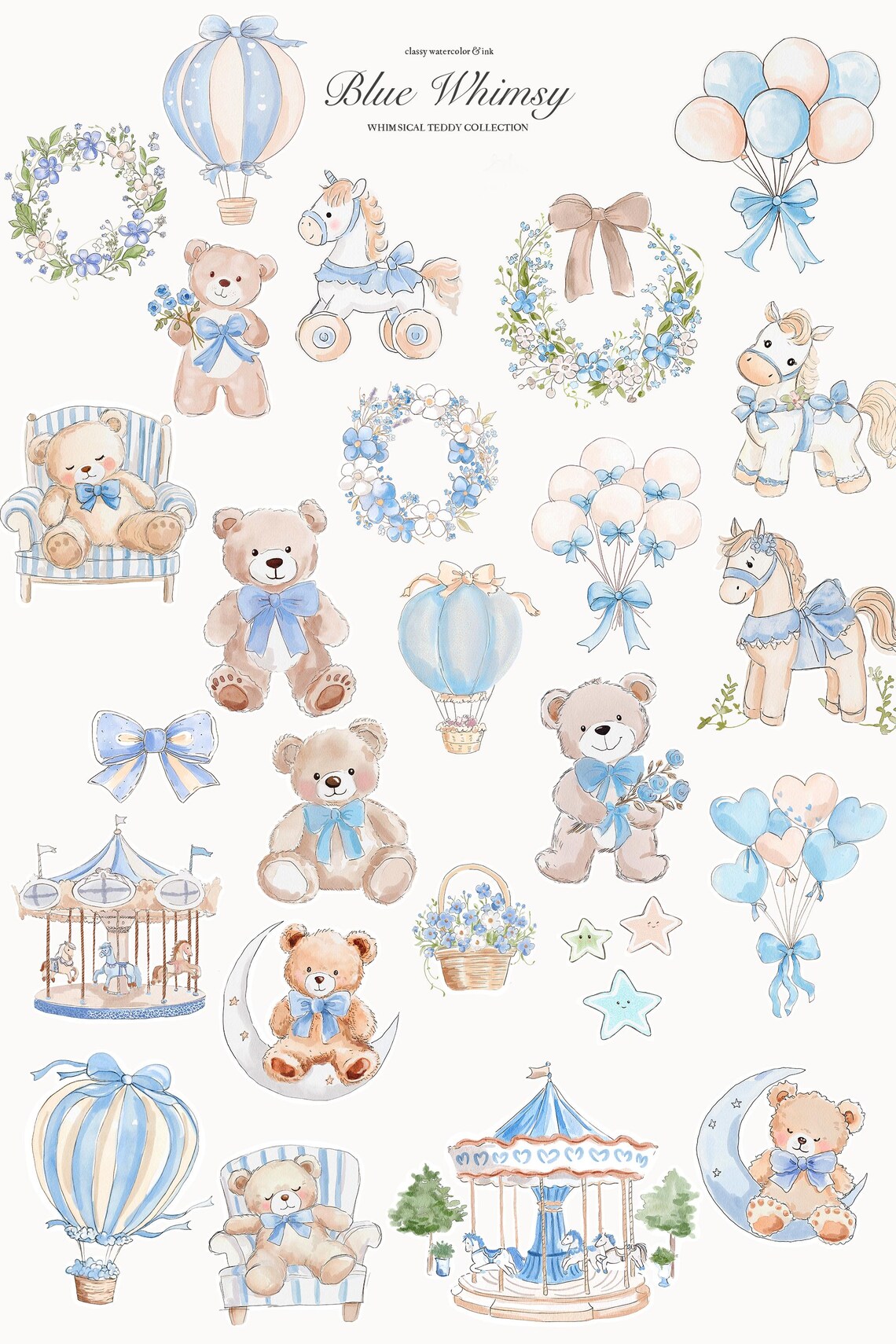 Whimsical Blue Watercolor & Ink Teddy Bear Clipart - Carousel Clipart ...