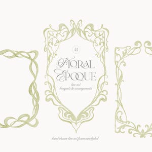 Pu&ograve; includere: Tre cornici decorative verde pallido con intricati disegni a linee fluide. La cornice centrale contiene il testo Floral Epoque, line art, bouquets & arrangements, e hand drawn line-art frames in un carattere serif grigio scuro.