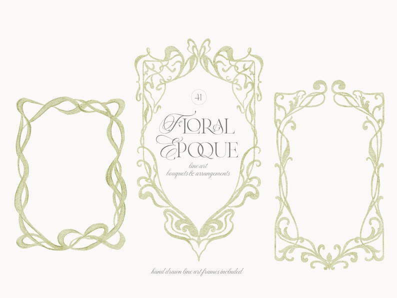 Pu&ograve; includere: Tre cornici decorative verde pallido con intricati disegni a linee fluide. La cornice centrale contiene il testo Floral Epoque, line art, bouquets & arrangements, e hand drawn line-art frames in un carattere serif grigio scuro.