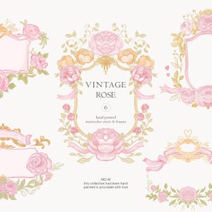 Aquarell handgemalte Vintage Wappen - Rokoko-Stil Altrosa Wappen - Vintage Blumen - Altrosa - Vintage Clipart