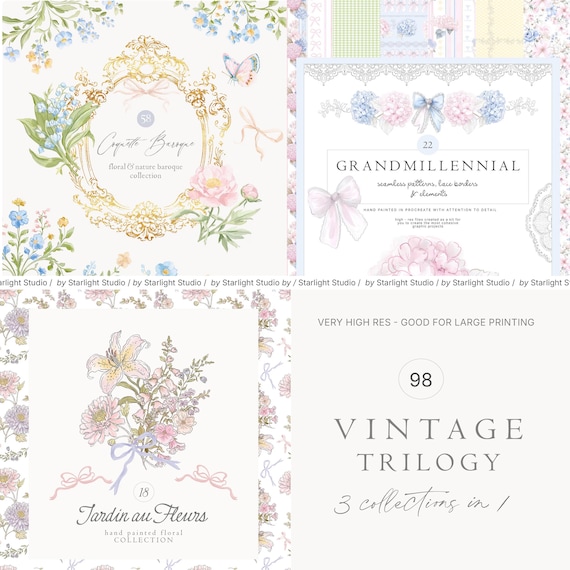 Watercolor Vintage Floral Bundle Set - Value Set - Grandmillennial Set - Clipart - Chateau Flowers - French Rustic Inspiration - Baroque