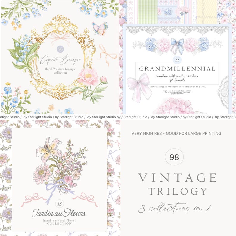 Op de afbeelding: Een verzameling digitale kunstelementen met bloemmotieven, waaronder boeketten, frames en patronen. De ontwerpen bevatten tekst zoals "Coquette Baroque", "Grandmillennial", "Jardin au Fleurs" en "Vintage Trilogy". Het kleurenpalet is zacht en pastel.