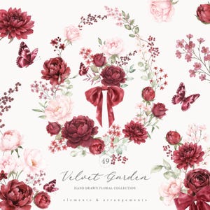 Ilustrações florais em aquarela nos tons de vinho e rosa - Flores de outono desenhadas à mão