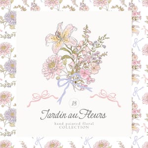 Colección floral con arte lineal en acuarela y tinta, clipart de flores preppy - Patrones sin costuras - Floral Chateaucore - Clipart de flores de jardín
