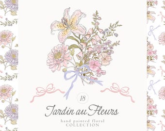 May include: A hand-painted floral design featuring a bouquet of pink and peach flowers tied with a light blue ribbon. The text "Jardin au Fleurs" is below the bouquet, with the words "hand painted floral collection" below that.