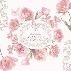 Può includere: Illustrazione digitale con una composizione floreale di rose rosa, tulipani e calle. Due farfalle e decorazioni circondano il testo "floral collection WONDER GARDEN" su sfondo bianco.