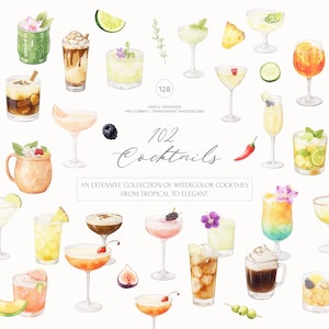 Colección de imágenes prediseñadas de 102 cócteles en acuarela - Conjunto extenso