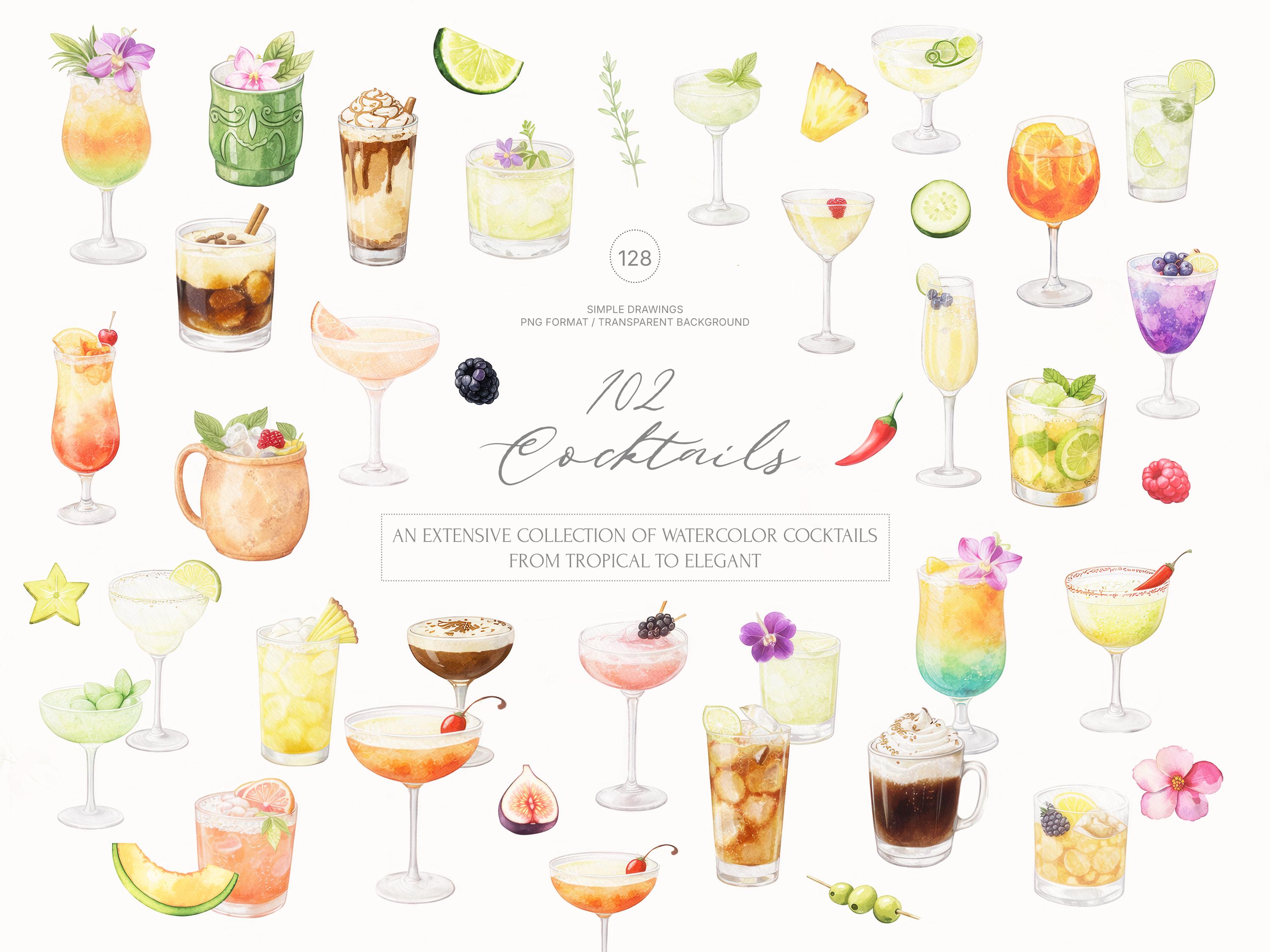 Watercolor 102 Cocktails Clipart Collection - Extensive Set - Etsy