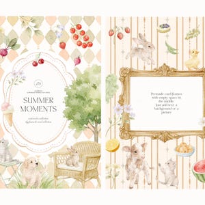 Puede incluir: Ilustraciones en acuarela de escenas de verano con animales, frutas y flores. La imagen incluye un marco decorativo con el texto "Summer Moments" y "Premade card frames with empty space in the middle".
