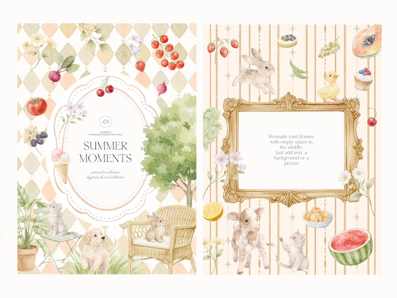 Puede incluir: Ilustraciones en acuarela de escenas de verano con animales, frutas y flores. La imagen incluye un marco decorativo con el texto "Summer Moments" y "Premade card frames with empty space in the middle".
