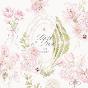 Puede incluir: Una colección gráfica digital con arreglos florales de color rosa suave de tulipanes, lirios y hortensias acentuados con hileras de perlas blancas. El marco ovalado central contiene el texto 31 Blush & Pearl Floral Collection.