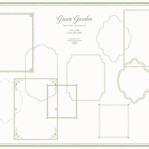 May include: A collection of green-outlined frames and decorative elements on a white background. The text "Green Garden" and "hand drawn stationery art" are visible. Includes various shapes and sizes for design projects.