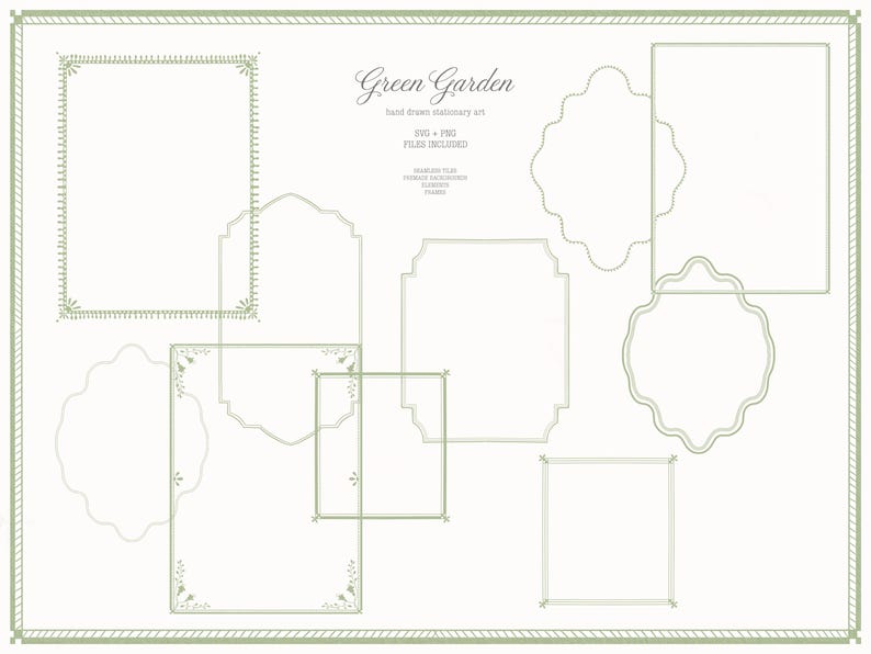May include: A collection of green-outlined frames and decorative elements on a white background. The text "Green Garden" and "hand drawn stationery art" are visible. Includes various shapes and sizes for design projects.