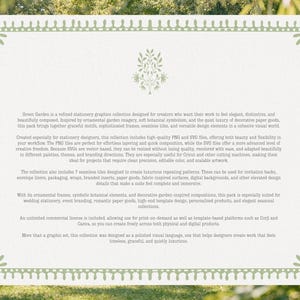 May include: A cream-colored graphic design with a green border and text. The text describes a stationery graphics collection with ornamental frames, botanical elements, and seamless tiles, suitable for wedding stationery and event branding.