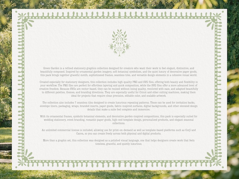 May include: A cream-colored graphic design with a green border and text. The text describes a stationery graphics collection with ornamental frames, botanical elements, and seamless tiles, suitable for wedding stationery and event branding.