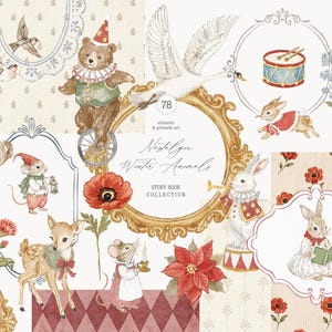 Aquarell-Winter- und Vintage-Tierkollektion – Vintage-Kinderzimmer – Bilderbuchtiere – Hintergründe – Dekorative Rahmen – 0726