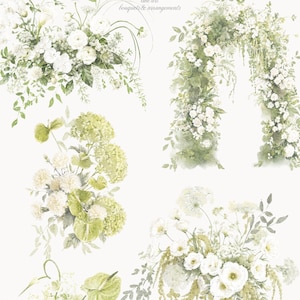 Pu&ograve; includere: Una collezione di illustrazioni botaniche con composizioni floreali e un arco nei toni del bianco e del verde. Il testo in alto recita 41 Floral Epoque line art bouquets & arrangements. I disegni includono vari fiori e fogliame.