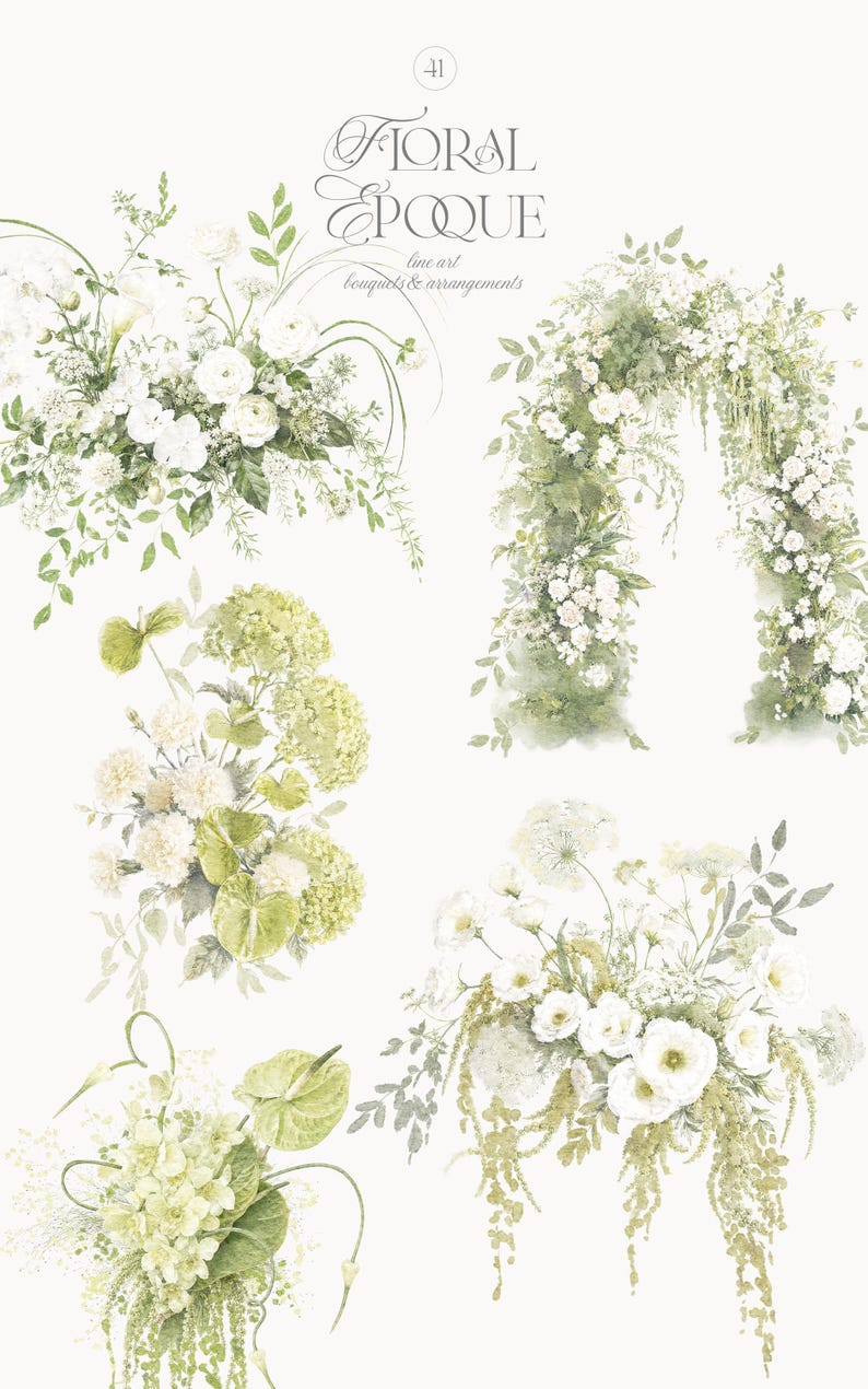 Pu&ograve; includere: Una collezione di illustrazioni botaniche con composizioni floreali e un arco nei toni del bianco e del verde. Il testo in alto recita 41 Floral Epoque line art bouquets & arrangements. I disegni includono vari fiori e fogliame.