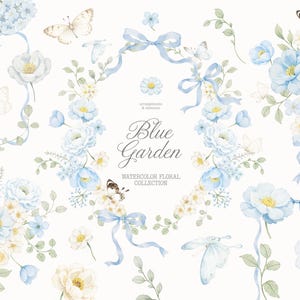 May include: Watercolor floral collection featuring blue and white flowers, butterflies, and ribbons. The text "Blue Garden" is displayed in elegant script. The arrangement includes various floral elements and decorative accents.