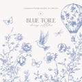 Blue Ink Line Art Toile Style Botanical Collection - Blue Chinoiserie Clipart Set - Blue Toile Clipart Collection - Vintage Flowers