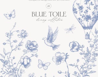 Blauwe inkt lijn kunst Toile stijl botanische collectie - blauwe chinoiserie clipartset - blauwe toile clipartcollectie - vintage bloemen