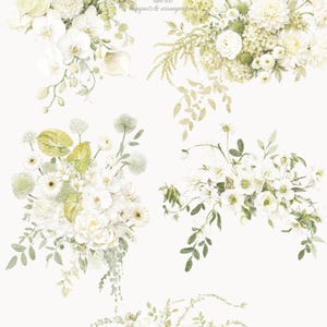 Pu&ograve; includere: Una collezione di cinque composizioni floreali digitali con fiori bianchi e verde pallido, tra cui calle, orchidee e rose. Il testo "Floral Epoque" e "line art bouquets & arrangements" &egrave; centrato nella parte superiore.