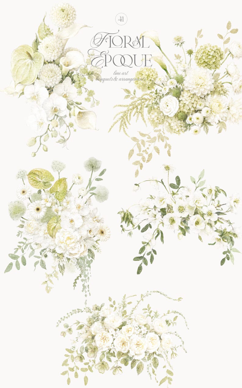 Pu&ograve; includere: Una collezione di cinque composizioni floreali digitali con fiori bianchi e verde pallido, tra cui calle, orchidee e rose. Il testo "Floral Epoque" e "line art bouquets & arrangements" &egrave; centrato nella parte superiore.