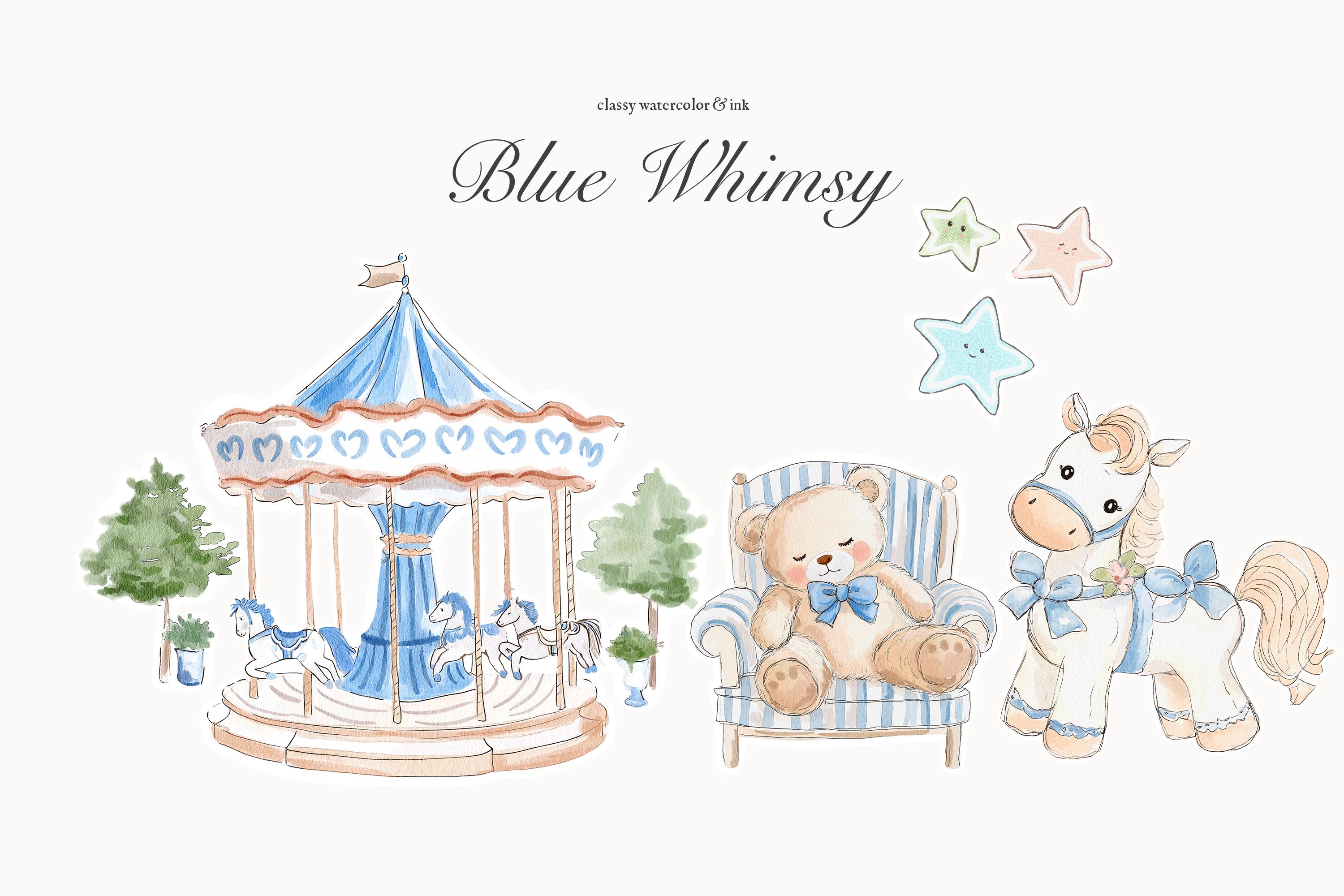 Whimsical Blue Watercolor & Ink Teddy Bear Clipart - Carousel Clipart ...