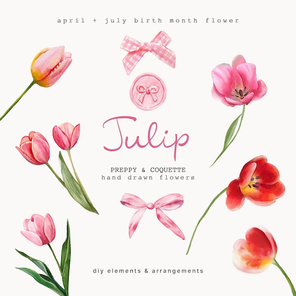 Clipart di tulipani dipinti a mano ad acquerello - Clipart di fiori del mese di nascita di aprile e luglio - Disposizione di tulipani - Fiori Coquette - Preppy Bows