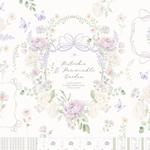 Könnte beinhalten: Aquarell-Blumenkollektion mit pastellfarbenen Rosen, Lavendel und Schmetterlingen. Das Design umfasst einen Kranz, Rahmen und einzelne Blumenarrangements. Der Text lautet "Pastrichio & Periwinkle Garden".