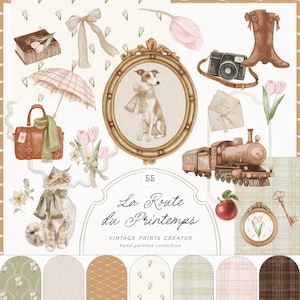 Könnte beinhalten: Aquarell-Illustration mit Vintage-Elementen. Enthält ein gerahmtes Hundeporträt, eine Kamera, einen Zug, einen Koffer, eine Katze, ein Buch, eine Schleife, einen Schlüssel, einen Stiefel, einen Regenschirm und Tulpen. Der Text lautet "La Route du Printemps".