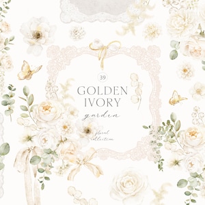 Può includere: Collezione floreale ad acquerello con rose avorio, farfalle e verde. Il design include una cornice decorativa e il testo "GOLDEN IVORY garden floral collection". Perfetto per inviti e progetti di design.