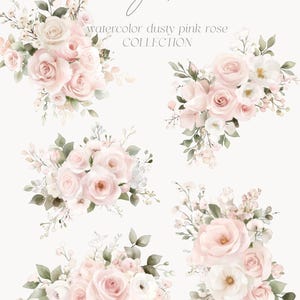 May include: Five watercolor illustrations of dusty pink roses with green leaves and white flowers. The text "Dusty Rose watercolor dusty pink rose COLLECTION" is at the top of the image.