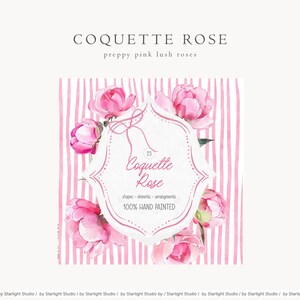 May include: A watercolor illustration of pink roses with a white label that says "23 Coquette Rose shapes - elements - arrangements 100% HAND PAINTED" on a pink and white striped background.