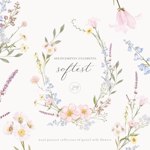 Aquarell handgemalte Pastell Wildblumen - Florale Elemente - Blumenarrangements - Wilde Feldblumen Clipart-Set
