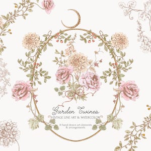 Puede incluir: Un diseño floral de estilo vintage con una disposición circular de rosas, dalias y otras flores. El diseño incluye el texto "Garden Twines" y "Vintage Line Art & Watercolor". La paleta de colores incluye rosas suaves, cremas y verdes.