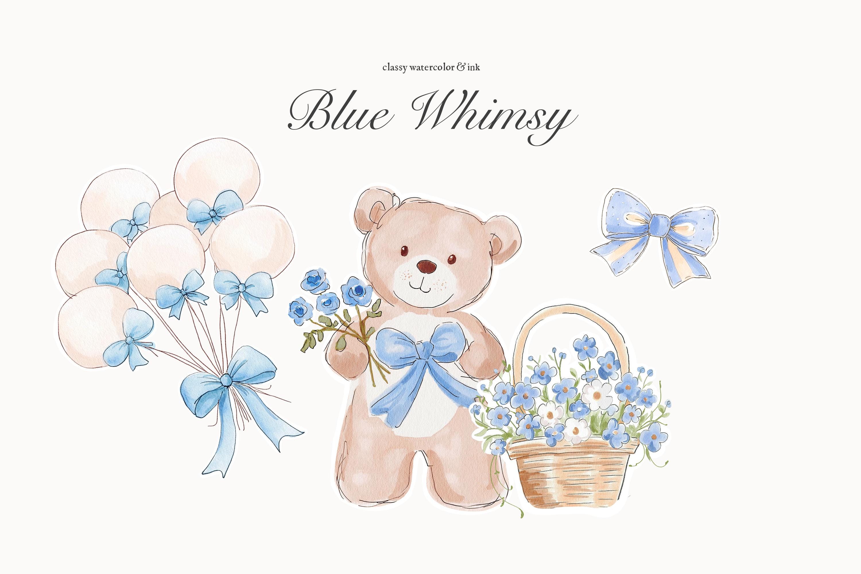 Whimsical Blue Watercolor & Ink Teddy Bear Clipart - Carousel Clipart ...