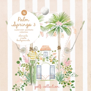 Collezione estetica di Palm Springs con acquerelli - Clipart di golf - Clipart della California - Stemmi - Stemmi acquerellati - Palme - Campo da golf