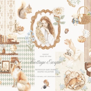 Op de afbeelding: Een collectie aquarelillustraties met een vos, eekhoorn, muis, kat in een mand, uil en een persoon in een lijst. Bevat planken met boeken, een rieten mand, een houten kist en de tekst Cottage Escape seasonal moody fall vibes.