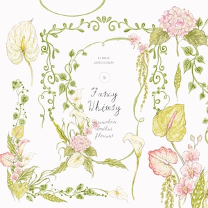 Puede incluir: Una colección de ilustraciones en acuarela con hortensias rosas, anturios blancos y amarillos, calas y enredaderas verdes. El texto dice: Floral Collection, 31, Fancy Whimsy, watercolor doodled flowers. El arte está sobre un fondo blanco.