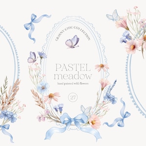 Coleção Grandmillenial de Flores Silvestres - Flores do Prado em Azul Pastel e Rosa - Coleção Grandma Chic - Clipart Pintado à Mão