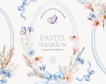 Grandmillenial Wildblumen Kollektion - Pastell Blaue und Rosa Wiesenblumen - Grandma Chic Kollektion - Handgemalte Clipart